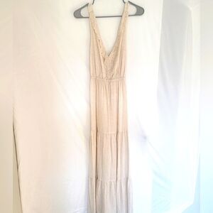 Cream, linen plunging v neckline maxi dress, size large